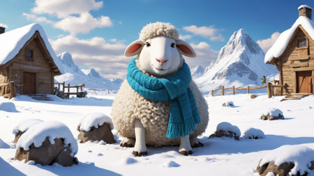 In a breathtaking winter landscape, a sheep wrapped in a cozy scarf sits in the snow, surrounded by fellow sheep. Majestic mountains rise in the background, creating a serene atmosphere.の素材