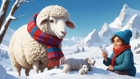 In a breathtaking winter landscape, a sheep wrapped in a cozy scarf sits in the snow, surrounded by fellow sheep. Majestic mountains rise in the background, creating a serene atmosphere.の素材