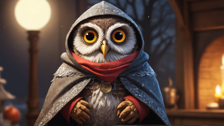 Under the soft glow of a lantern, a wise-looking owl in a cloak stars contemplatively. The peaceful winter ambiance creates a sense of mystery and warmth.の素材