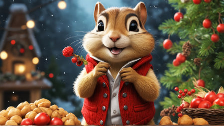 A joyful squirrel stands amidst vibrant holiday decorations, wearing a colorful vest. Surrounded by greenery, berries, and pinecones, it radiates the spirit of Christmas and festivity.の素材