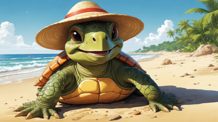 A happy turtle in a wide-brimmed straw hat relaxes on the sandy shore, surrounded by vibrant beach balls. The bright ocean waves and clear sky create a delightful summer atmosphere.の素材