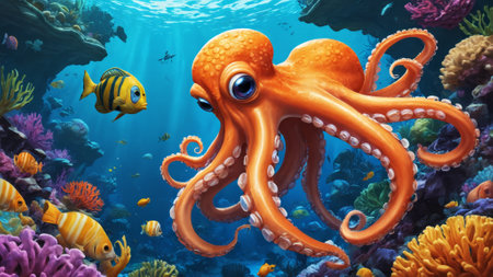 An enchanting octopus glides gracefully among vivid corals, illuminated by gentle rays filtering through the ocean. Colorful fish dart about, adding life to this magical underwater habitat.の素材
