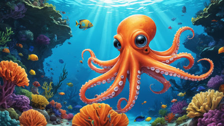 An enchanting octopus glides gracefully among vivid corals, illuminated by gentle rays filtering through the ocean. Colorful fish dart about, adding life to this magical underwater habitat.の素材