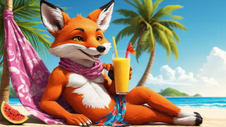 The relaxed fox lounges on a beach towel under the palm trees, sipping a vibrant drink while enjoying the warm sun and tropical atmosphere, surrounded by lush greenery and ocean waves.の素材