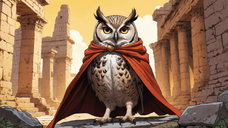 The noble owl stands proudly with a flowing crimson cape, surrounded by crumbling columns and a warm golden backdrop, evoking a blend of fantasy and history in a magical setting.の素材