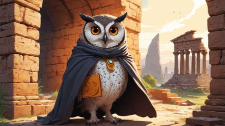 An extraordinary owl, adorned in a flowing red cloak, stands proudly amidst grand ancient ruins, with towering columns and a clear blue sky, embodying wisdom and strength in this splendid landscape.の素材