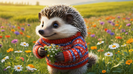 In a lush meadow filled with colorful wildflowers, a cheerful hedgehog wearing a cozy sweater delights in picking a bouquet, surrounded by the beauty of nature on a bright day.の素材