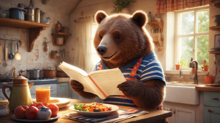 In a charming kitchen filled with sunlight, a happy bear reads a recipe book while savoring a delicious breakfast. The warm atmosphere invites a sense of comfort and joy.の素材