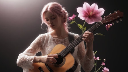 In a tranquil indoor setting, a young woman with pink hair strums her guitar, surrounded by delicate flowers. Her serene expression reflects deep focus and artistic passion.の素材