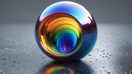 The vibrant iridescent sphere sits on a glistening surface, reflecting hues of orange, blue, and purple. Water droplets enhance the visual impact, creating a magical atmosphere at dusk.の素材