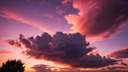 Vibrant sunset colors painting the sky over a serene landscape at twilightの素材