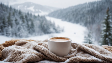 Enjoying a warm cup of coffee by the window on a snowy mountain retreat in winterの素材
