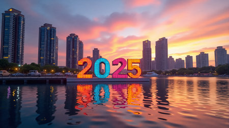 As the sun sets behind a stunning skyline, colorful numerals 2025 light up the waterfront, casting a warm glow on the tranquil water, symbolizing hopes for the new year ahead.の素材