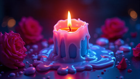 The soft glow of a pink candle illuminates the dim surroundings as vibrant wax drips decorate the table. A tranquil ambiance envelops the space, creating warmth and serenity.の素材