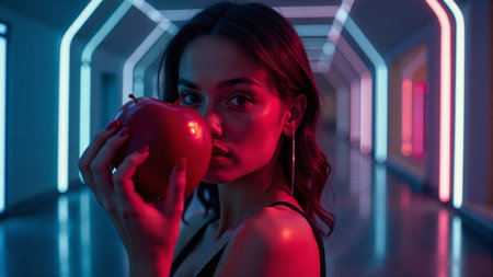A captivated woman gazes intently at a vibrant red apple, her profile illuminated by striking blue and pink lights that create an alluring atmosphere, highlighting her beauty and thoughts.の素材