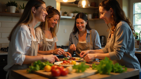 In a warm and inviting kitchen, four friends gather around a wooden table, happily chopping fresh vegetables and laughing together as they prepare a delightful meal filled with love and friendship.の素材