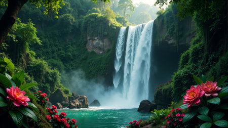 In a vibrant tropical setting, a majestic waterfall tumbles down rocky cliffs, creating a misty spray. Lush foliage and bright flowers frame the tranquil scene, inviting exploration.の素材