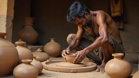 An artisan skillfully molds clay into an elegant pot, surrounded by various handmade pottery in a warm, inviting workshop filled with natural light, showcasing timeless craftsmanship.の素材