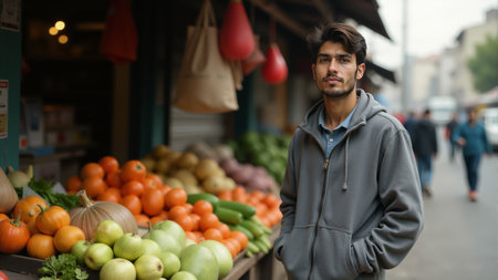 A young man gazes thoughtfully while standing beside a colorful array of fresh fruits at a lively market. The atmosphere is filled with activity and rich aromas.の素材