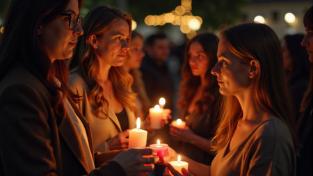 Soft candlelight illuminates the faces of a group of women gathered together at night. They share a moment of connection, reflecting on a meaningful experience under twinkling lights.の素材