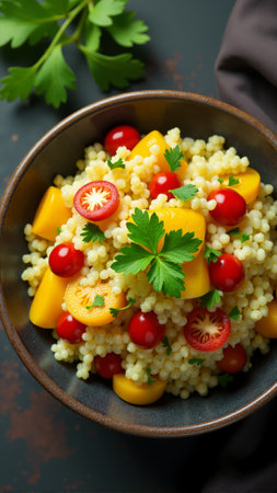 A vibrant bowl of couscous salad brimming with fresh peppers, cherry tomatoes, and herbs sits invitingly on a sunlit kitchen table, perfect for a healthy, flavorful meal.の素材