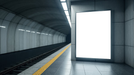 A stark, modern setting features a large empty display in a sleek, tiled environment. The solitary light source enhances the ambiance, inviting creativity and imagination in the urban landscape.の素材