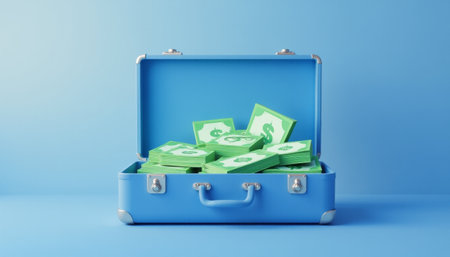 Surprising bounty fills a vibrant blue suitcase packed with cash bundlesの素材