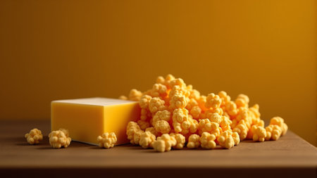 A vibrant mound of fluffy popcorn creates a delightful contrast against a warm yellow background. This inviting display captures the essence of movie nights and casual gatherings.の素材