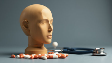 A wooden mannequin head sits silently beside scattered capsules and a stethoscope, symbolizing the fusion of traditional medicine with modern technology.の素材