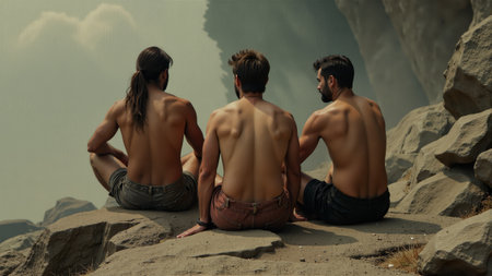 Five men sit on a rocky surface near a cave entrance, showcasing their muscular builds and bearded faces.の素材