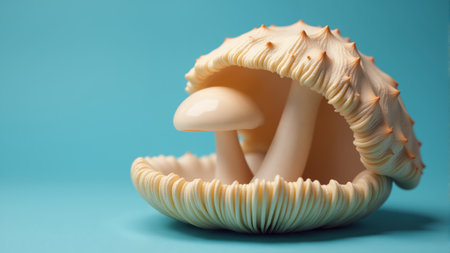 Vibrant wooden mushrooms of various sizes are artistically arranged against a bright blue backdrop. The texture and details of each piece create a lively and imaginative display of craftsmanship.の素材