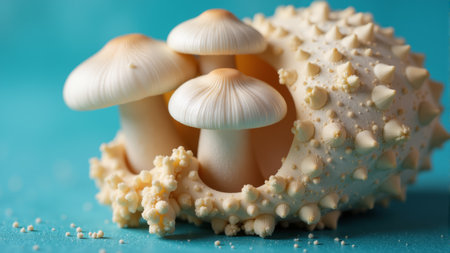Three stunning mushrooms with textured caps and intricate gills emerge from a soft, earthy base.の素材