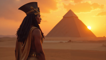 A regal woman in ancient Egyptian attire stands by the pyramids, admiring a breathtaking sunset that bathes the landscape in golden hues, creating a serene atmosphere.の素材