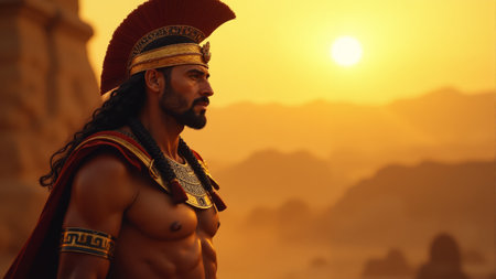 A strong warrior stands proudly against a stunning sunset, showing intricate armor and a regal headdress. The warm glow illuminates the majestic landscape, creating a captivating atmosphere.の素材