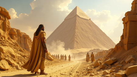 A group of people gathers below the colossal pyramid, admiring its grandeur. A strong figure stands in the foreground, leading the way under the warm desert sun amidst dust and clouds.の素材