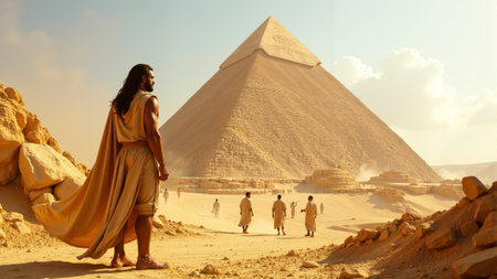 A group of ancient figures gather near the Great Pyramid, bathed in warm sunlight. Dressed in historical attire, they exchange ideas, surrounded by monumental structures and desert landscapes.の素材