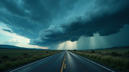 Dark storm clouds loom above a deserted highway, with heavy rain falling in the distance. The road stretches straight ahead, framed by lush green fields on either side, creating a dramatic contrast.の素材