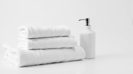 A neatly arranged stack of fluffy white towels sits beside a sleek soap dispenser, casting a minimalist elegance. The soft textures and clean lines evoke a serene and inviting atmosphere.の素材