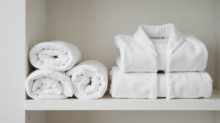 Soft, fluffy towels are carefully arranged on a clean white shelf, creating a calming environment in a spa-like bathroom. The pristine organization invites relaxation and comfort.の素材