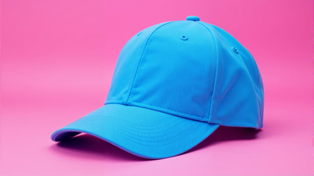 A striking blue cap sits elegantly on a vivid pink backdrop, creating a bold contrast. The smooth texture of the cap invites attention, evoking a sense of casual style and fun.の素材