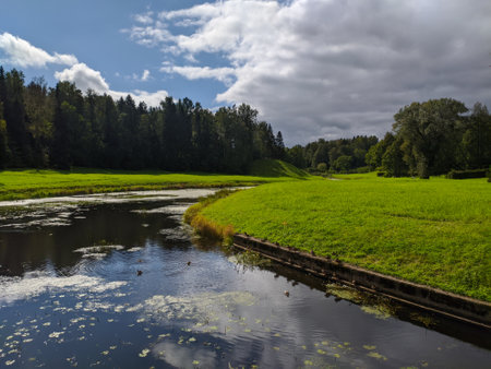 Calm waters mirror the clouds above as ducks glide across the serene river. Lush green fields...
