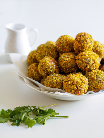 A generous serving of golden lentil balls is beautifully arranged on a white dish, inviting taste buds to explore their savory goodness. Fresh herbs nearby add a vibrant touch.の写真素材
