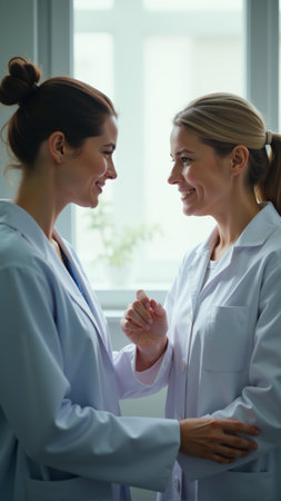 In a modern clinic, a caring healthcare provider interacts warmly with a patient.の素材