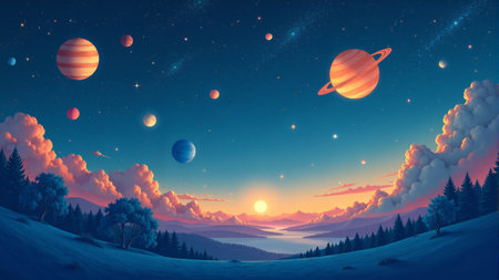 A breathtaking view unfolds as colorful planets float above jagged mountains under a twilight sky. The atmosphere is serene, showcasing fluffy clouds and a sunset that bathes the scene in warm hues.の素材