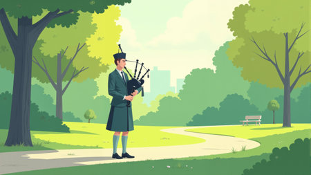 In a sun-drenched forest clearing, a man skillfully plays the bagpipes, his passion resonating through the trees. The vibrant green backdrop enhances the serene atmosphere.の素材
