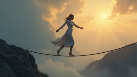 A man confidently balances on a slackline stretched between mountainous terrains, embracing the sunset. His outstretched arms capture the essence of freedom and adventure in the serene landscape.の素材