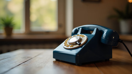 A blue rotary phone rests on a wooden table, catching the warm sunlight filtering through a nearby window. Green plants add a touch of life, creating a nostalgic and inviting atmosphere.の素材