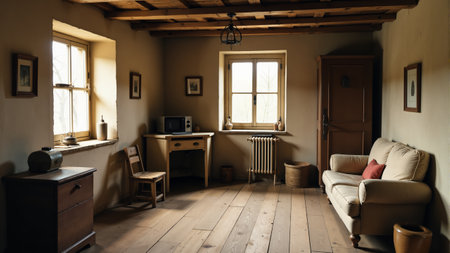 A warmly lit space features a soft sofa and wooden elements, creating an inviting atmosphere. Sunlight streams through windows, highlighting the tasteful decor and natural surroundings.の素材