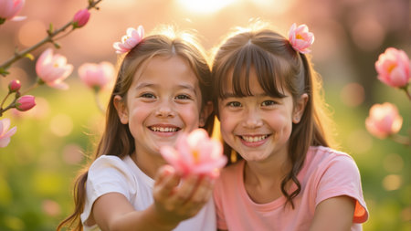 Two young sisters embrace each other with bright smiles as they stand beneath blooming magnolia trees.の素材