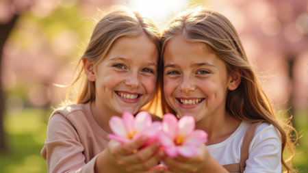 Two young sisters embrace each other with bright smiles as they stand beneath blooming magnolia trees.の素材